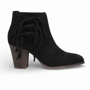 Fergalicious Black Suede Fringe Ankle Boots Women’s 8 Block Heel Western Boho